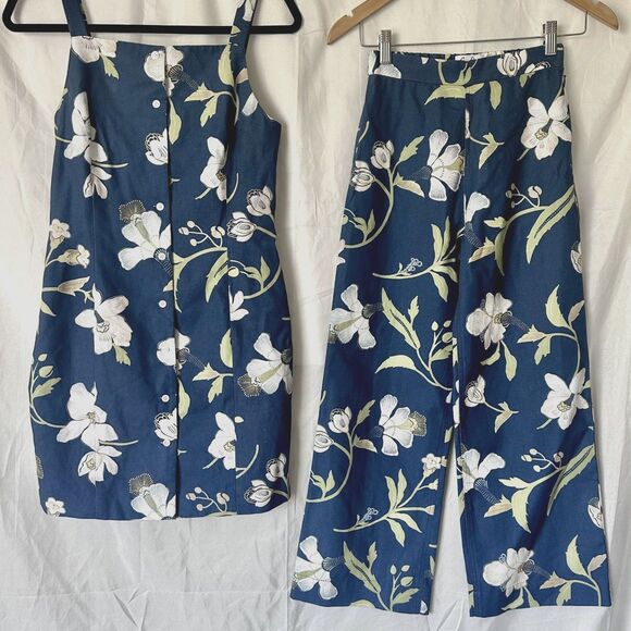 Coco Shop High-Waisted, Wide-Leg Pants in Navy Hibiscus 100% Cotton Size XS - Picture 11 of 13